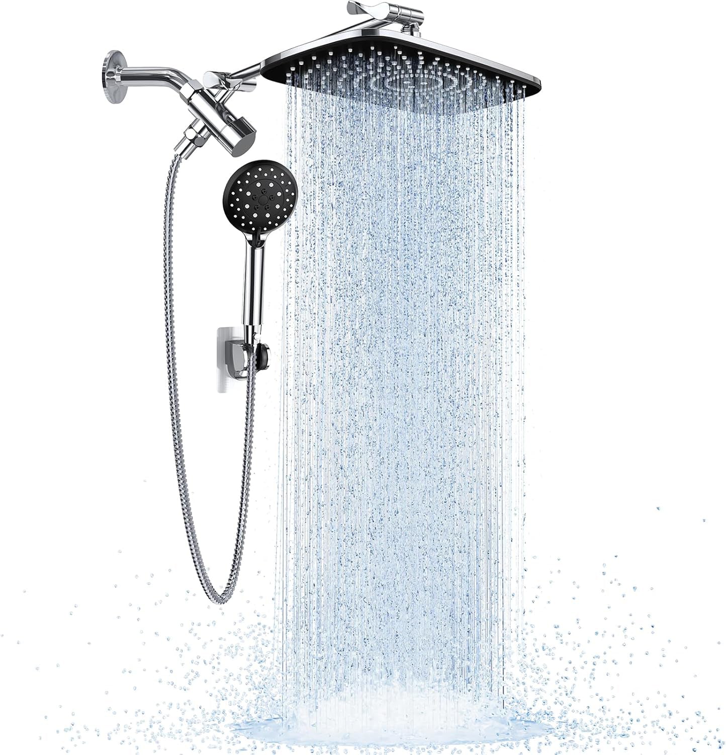 Set Cap De Dus Tip Ploaie NextWave®️, multiple moduri de curgere a apei, Para dus mobila, Duza de silicon, Presiune inalta, Anti-calcar, Cu suport culisant, furtun Flexibil, Otel inoxidabil, usor de instalat, Argintiu