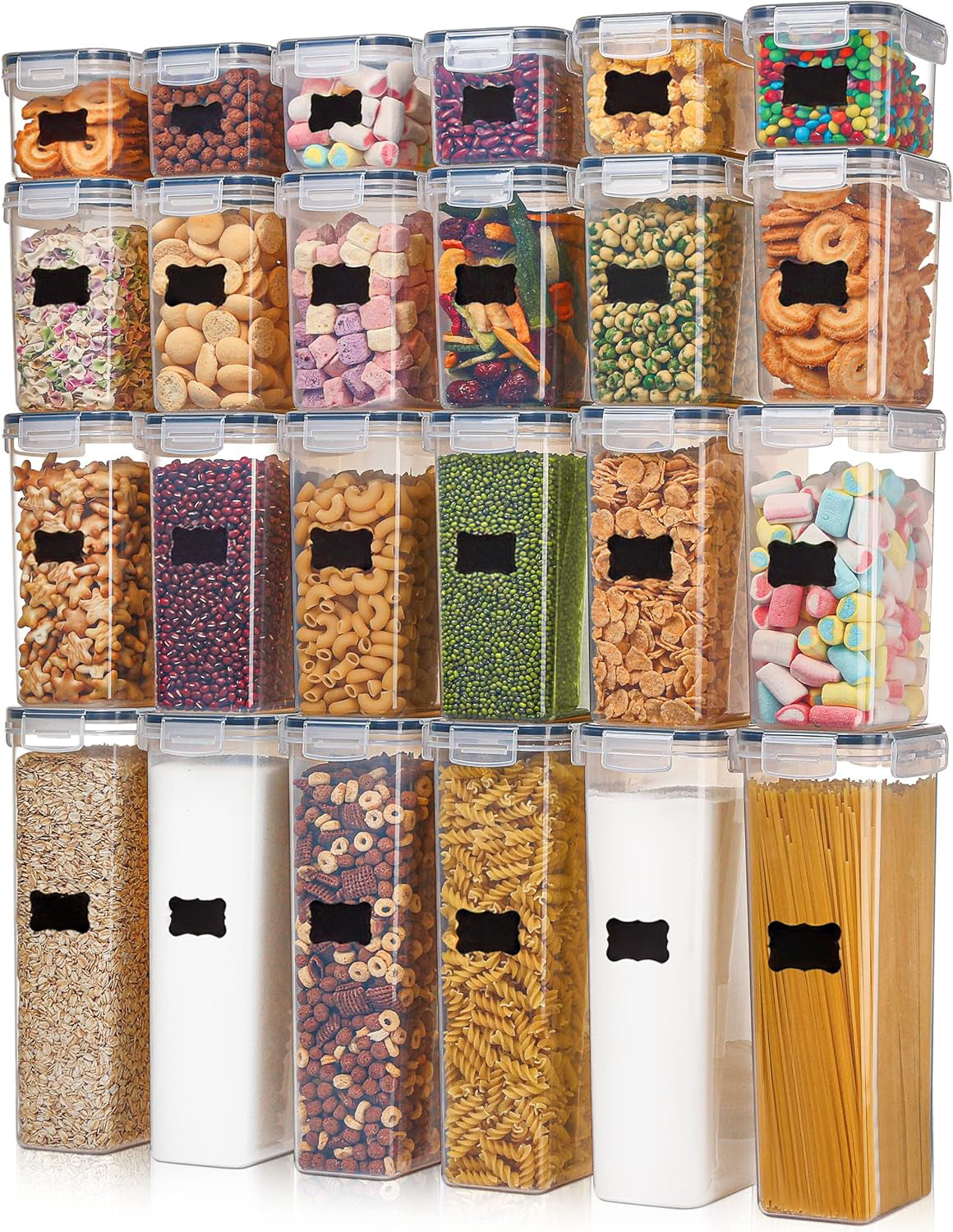 Set 24 cutii depozitare alimente NextWave® – plastic alimentar transparent fara BPA, inchidere ermetica, reutilizabile si stivuibile, ideale pentru organizarea bucatariei si depozitarea cerealelor, fainii, zaharului, orezului si altor alimente uscate