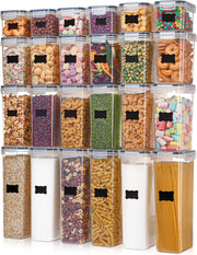 Set 24 cutii depozitare alimente NextWave® – plastic alimentar transparent fara BPA, inchidere ermetica, reutilizabile si stivuibile, ideale pentru organizarea bucatariei si depozitarea cerealelor, fainii, zaharului, orezului si altor alimente uscate