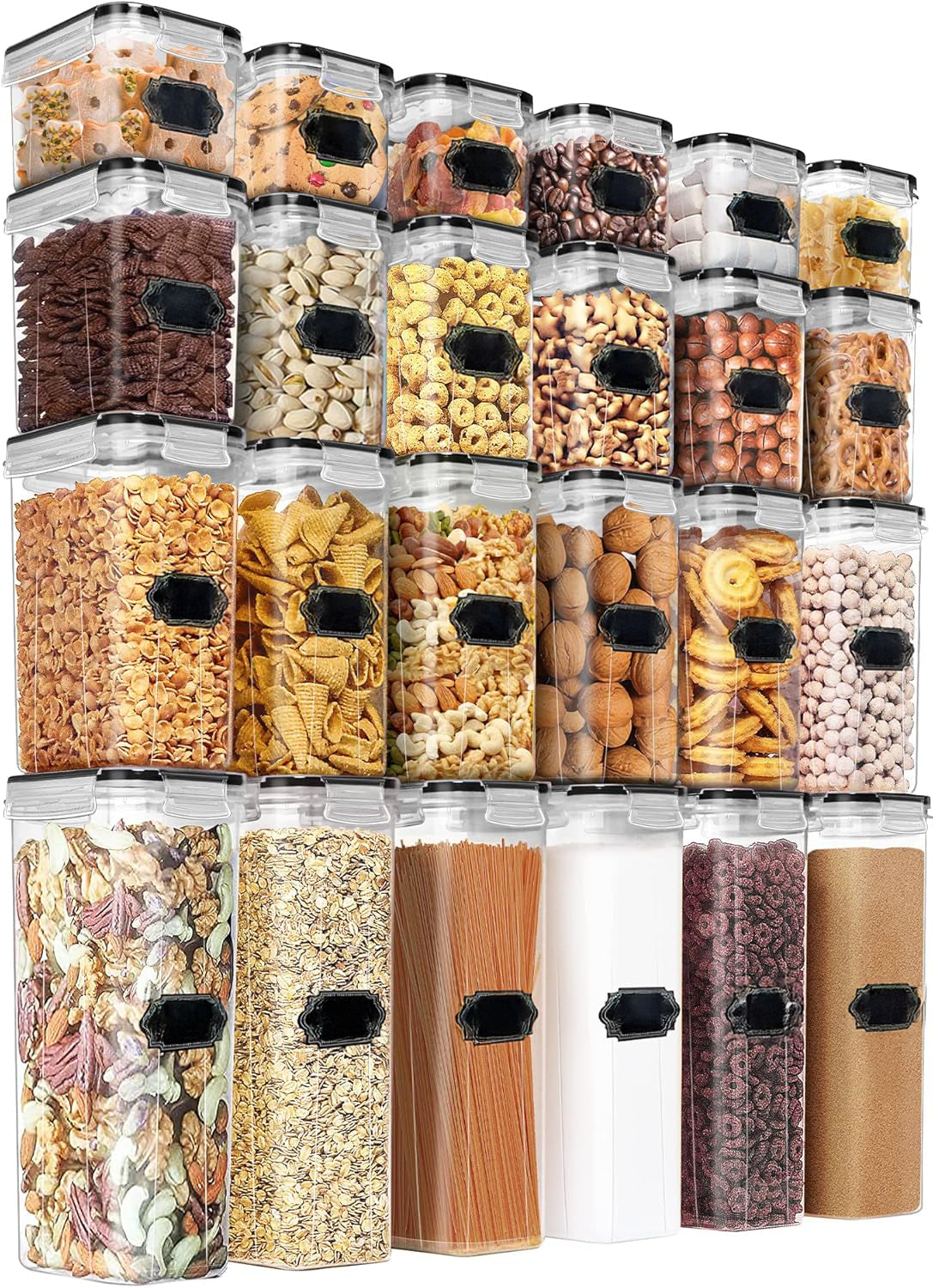 Set 24 cutii depozitare alimente NextWave® – plastic alimentar transparent fara BPA, capace etanse cu garnitura, 4 dimensiuni mixte, reutilizabile si stivuibile, ideale pentru paste, faina, zahar, cereale, orez si alte alimente uscate, cu etichete si mark