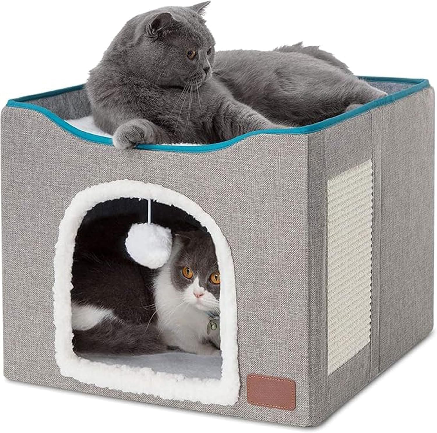 Casa pentru pisici NextWave® cu doua zone, bila pufoasa si zona de zgariat, Pliabila, Moale si pufoasa, Respirabila, Usoara, Marime 42x42x33 cm, Gri