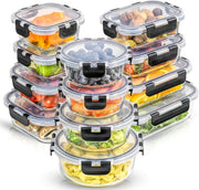 Set 12 Caserole Alimentare din sticla NextWave, Capace Etanse, Depozitare Frigider si Congelator, Potrivite pentru Microunde, Fara BPA, Inchidere cu 4 Clipsuri, Usor de Curatat, Transparent
