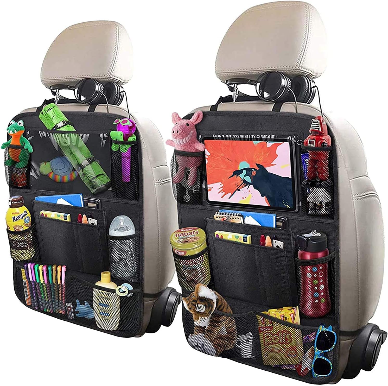 Set 2 organizatoare spatar scaun auto NextWave®️, protectie universala, buzunare multiple + buzunar mare pentru tableta, rezistente, ideale pentru parinti cu copil, culoare neagra