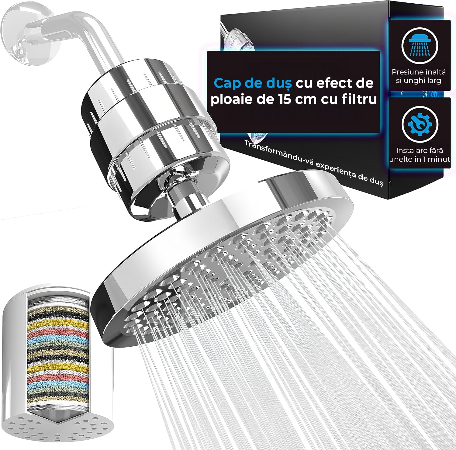 Filtru de apa premium NextWave® pentru para de dus cu 23 stagii de filtrare, usor de instalat, infuzie de minerale si Vitamina C, elimina Clorul, metalele grele, impuritatile si mirosurile neplacute, purificator apa de baie, Crom Argintiu