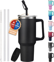 NextWave® Cana termoizolanta 1180 ml cu maner si capac etans – inox premium, pereti triplu izolati, pastreaza bauturile reci 34h si calde 10h, cu paie reutilizabile si perie de curatare, baza anti-alunecare, neagra