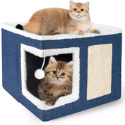 Casa Pisici NextWave®, Casuta Moale pentru Interior, Pat Tip Pestera cu Perna Detasabila, Material Bumbac, Design Confortabil si Cald, Intrare Larga, pentru Pisici, Pui de Caine si Animale Mici, Odihna si Somn, 41 x 41 x 31 cm, Albastru