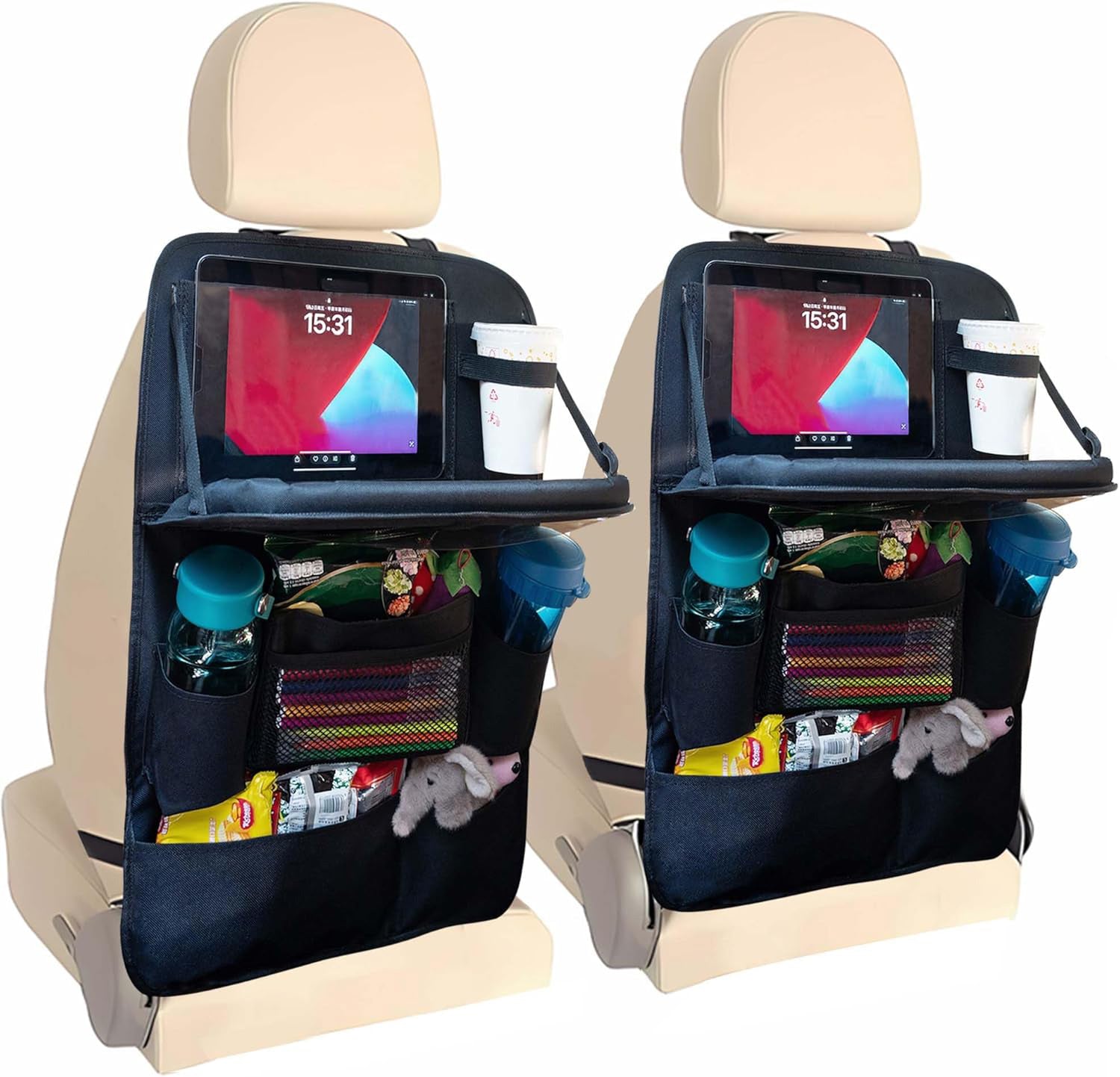 Husa spatar scaun auto NextWave®️, husa protectoare impermeabila pentru scaune, tava pliabila tip masa pentru tableta sau gustari, 9 buzunare multifunctionale pentru sticle, jucarii si accesorii, montaj universal, design durabil si usor de curatat