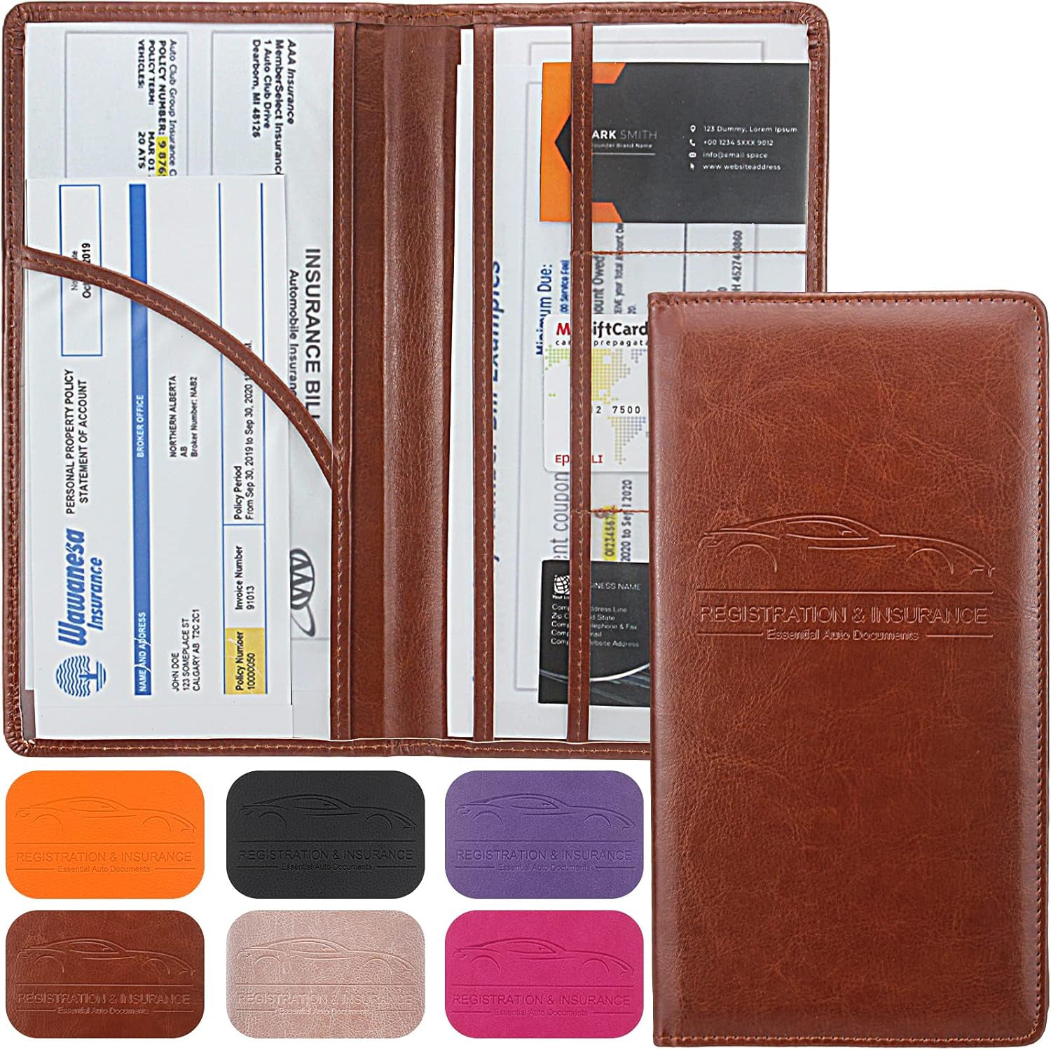 Organizator documente auto NextWave®️, port-document pentru inmatriculare si asigurare, mapa pliabila cu buzunare multiple, material PU rezistent, dimensiuni 26×24 cm deschis si 13×24×1 cm pliat, Maro