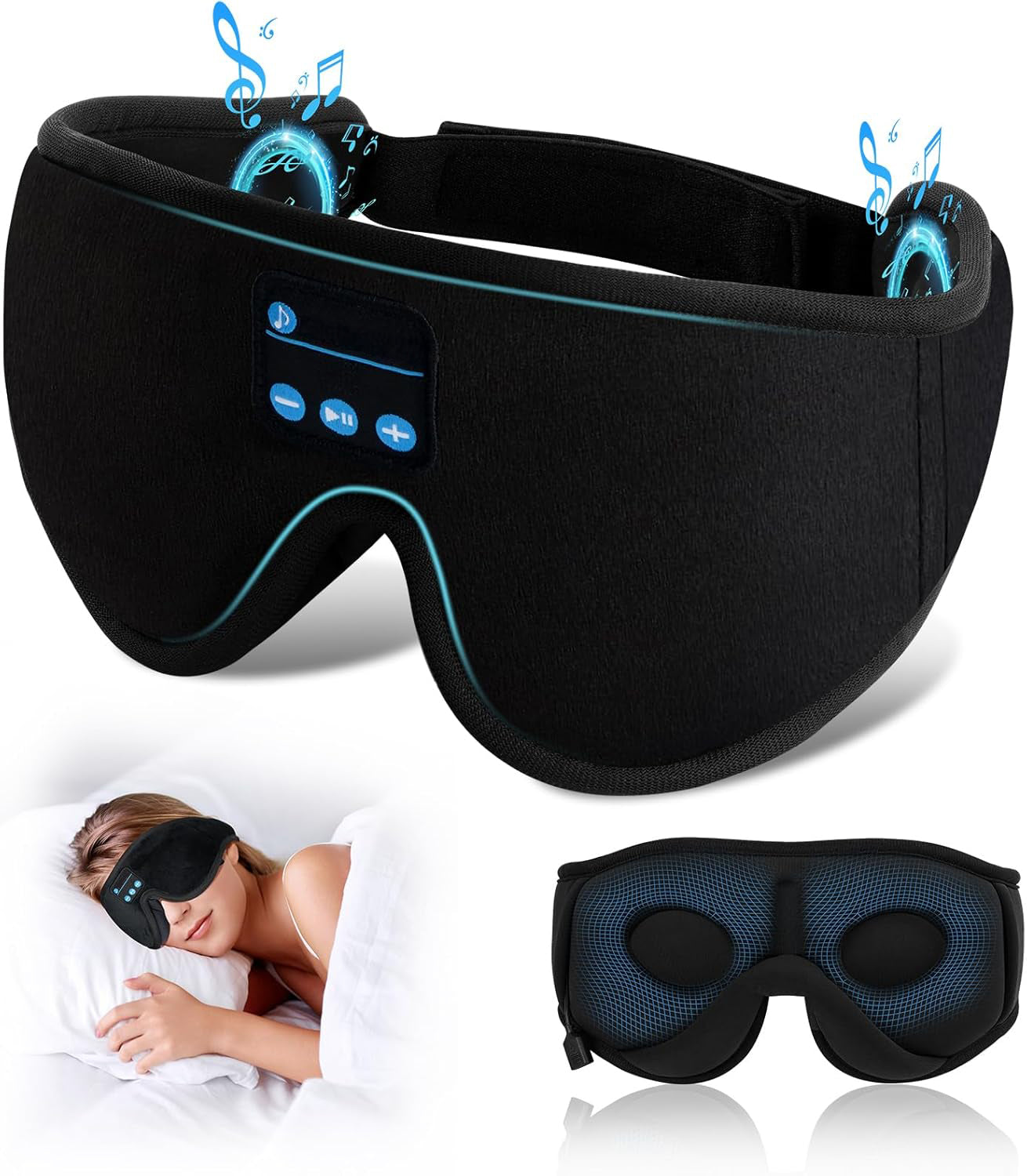 Masca de somn cu casti Bluetooth NextWave®️, design 3D conturat, sunet stereo HD si microfon, Bluetooth 5.2, autonomie 12h, incarcare rapida 1h, material spuma cu memorie si plus respirabil, banda elastica reglabila, negru