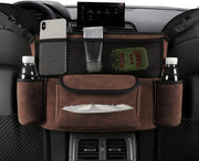 Organizator intre scaune auto NextWave®️, suport pretios cu 5 compartimente, material suede & piele ecologica, capacitate mare, dimensiuni 36×25×22 cm, Maro