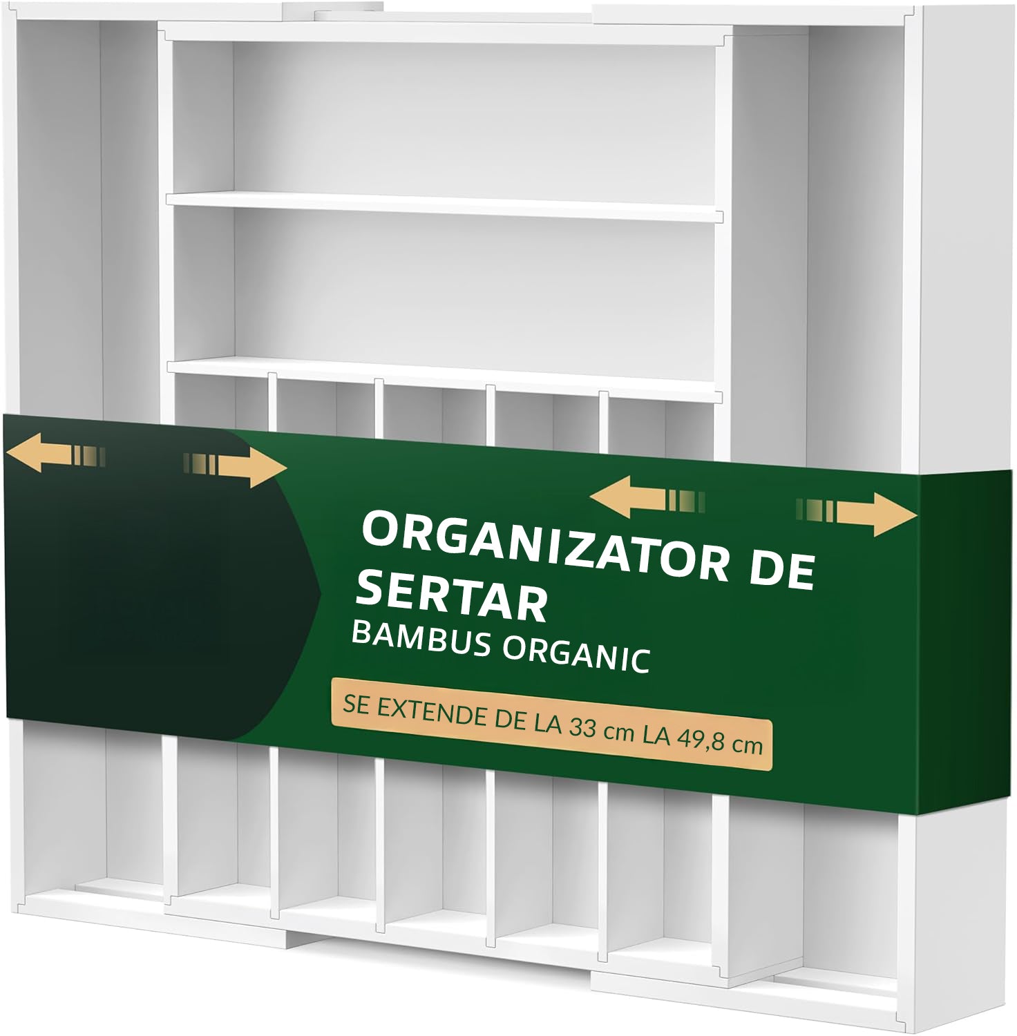 Organizator extensibil pentru tacamuri si ustensile NextWave® – bambus natural lacuit, finisaj negru elegant, 9 compartimente adanci (4, 8 cm), latime ajustabila 34–50 cm, lungime 44, 5 cm, design premium si eco-friendly pentru bucatarie. Alb