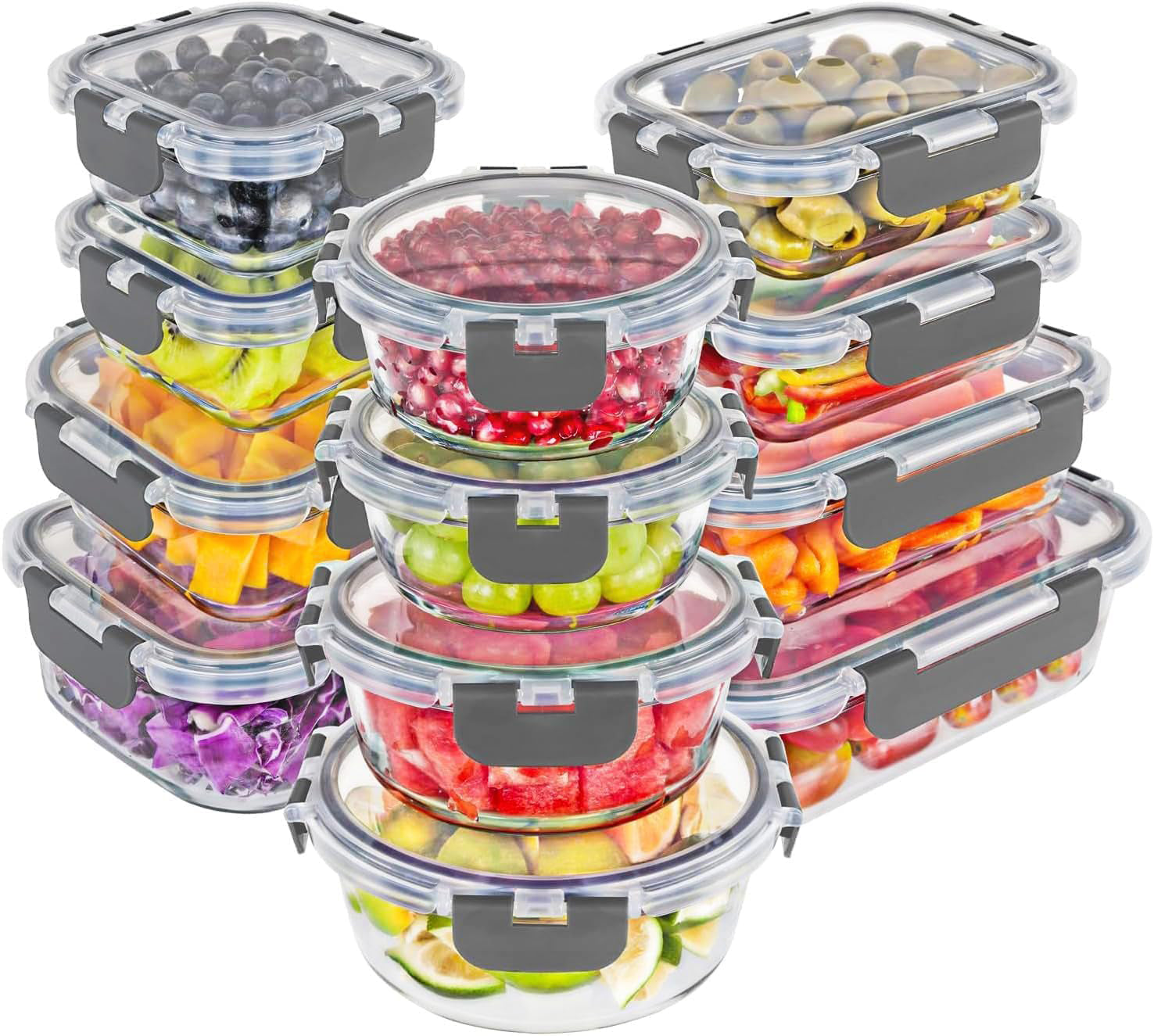 Set 12 Caserole Alimentare din sticla NextWave®️ Capace Etanse, Depozitare Frigider si Congelator, Potrivite pentru Microunde, Fara BPA, Organizare Bucatarie, Inchidere cu 4 Clipsuri, Usor de Curatat, Transparent, Gri