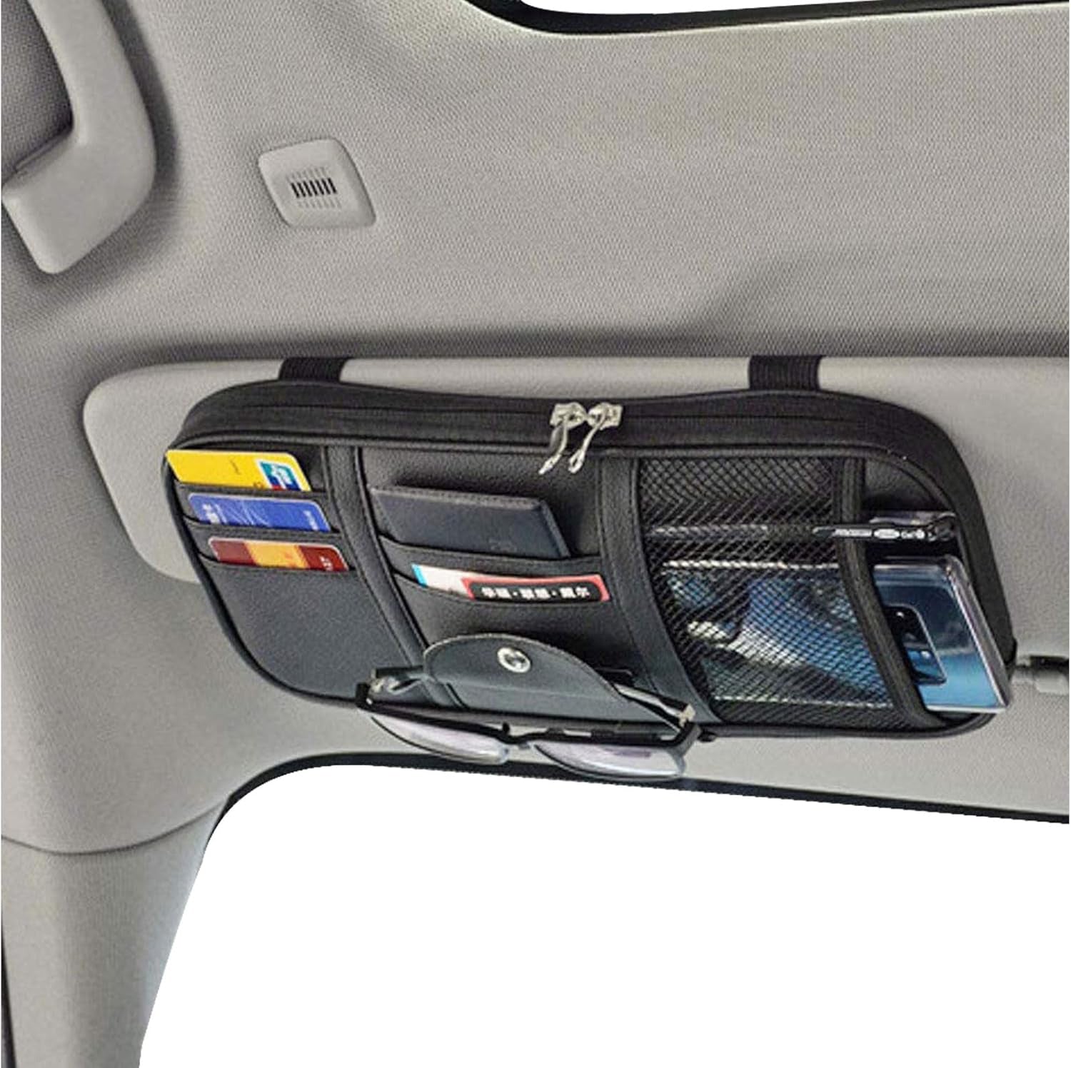 Organizator parasolar auto NextWave® din piele ecologica PU, 7 compartimente, buzunar cu fermoar, buzunar mesh, 5 sloturi pentru carduri, clip pentru ochelari si pix, prindere elastica universala, negru