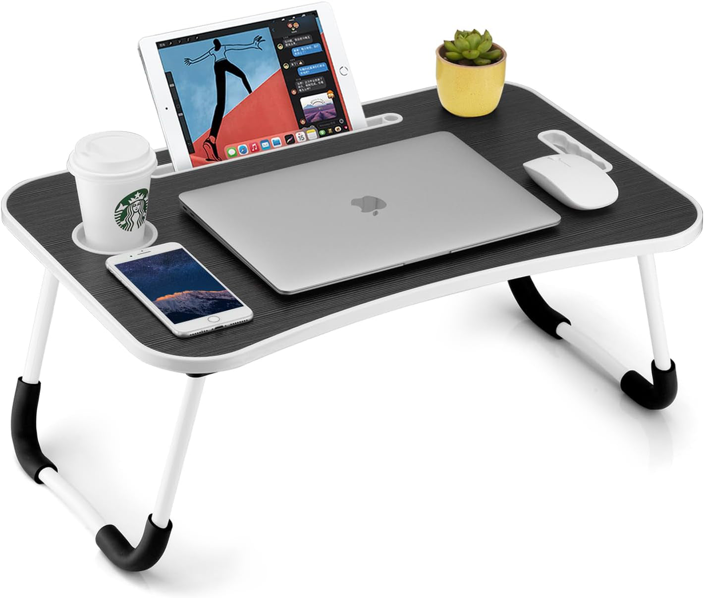 NextWave® Masa Portabila si Pliabila pentru Laptop 60×40 cm, Birou Lap Table pliabil cu Perna, Suport Pahar & Slot Tableta, maner de transport, picioare antiderapante – ideal pentru pat, canapea, birou, culoare Negru