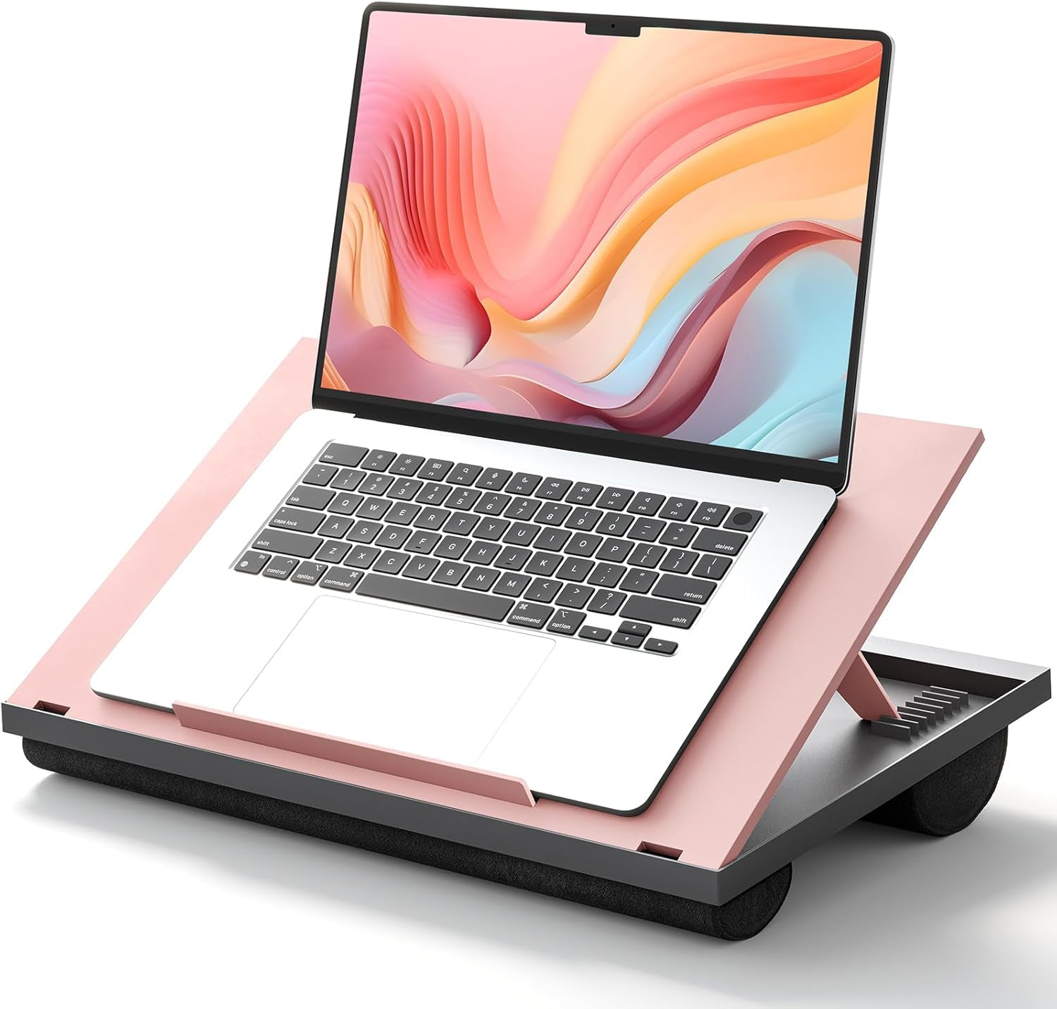 Suport laptop reglabil cu perna NextWave® – 9 unghiuri ajustabile, suport pentru laptop pana la 15 "6", mouse pad integrat, slot pentru telefon si pix, perna moale pentru confort sporit, ideala pentru birou, pat sau canapea, Roz