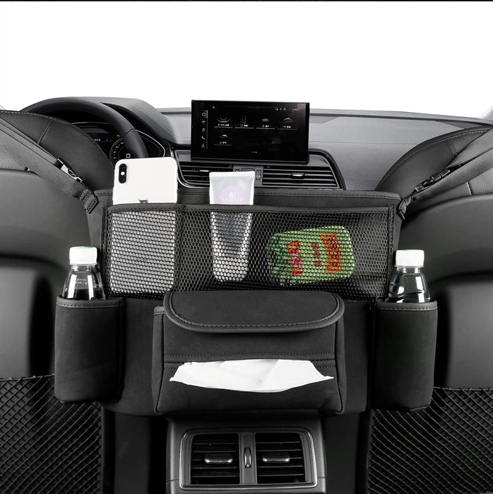 Organizator intre scaune auto NextWave®️, suport pretios cu 5 compartimente, material suede & piele ecologica, capacitate mare, dimensiuni 36×25×22 cm, Maro