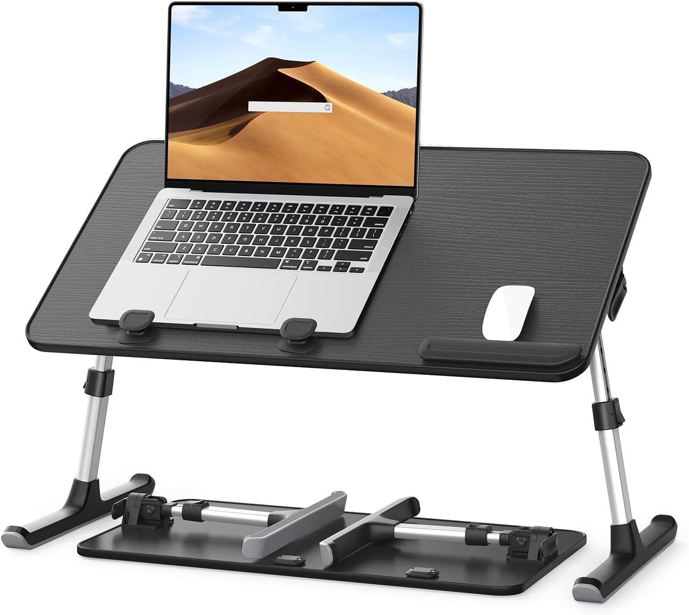 Suport laptop reglabil NextWave®️, masa pliabila pentru birou, pat sau canapea, 5 niveluri de inaltime si 4 unghiuri de inclinare, bara anti-alunecare si pad ergonomic, material MDF + aluminiu, dimensiuni 52,1×30×23,9 cm, Negru