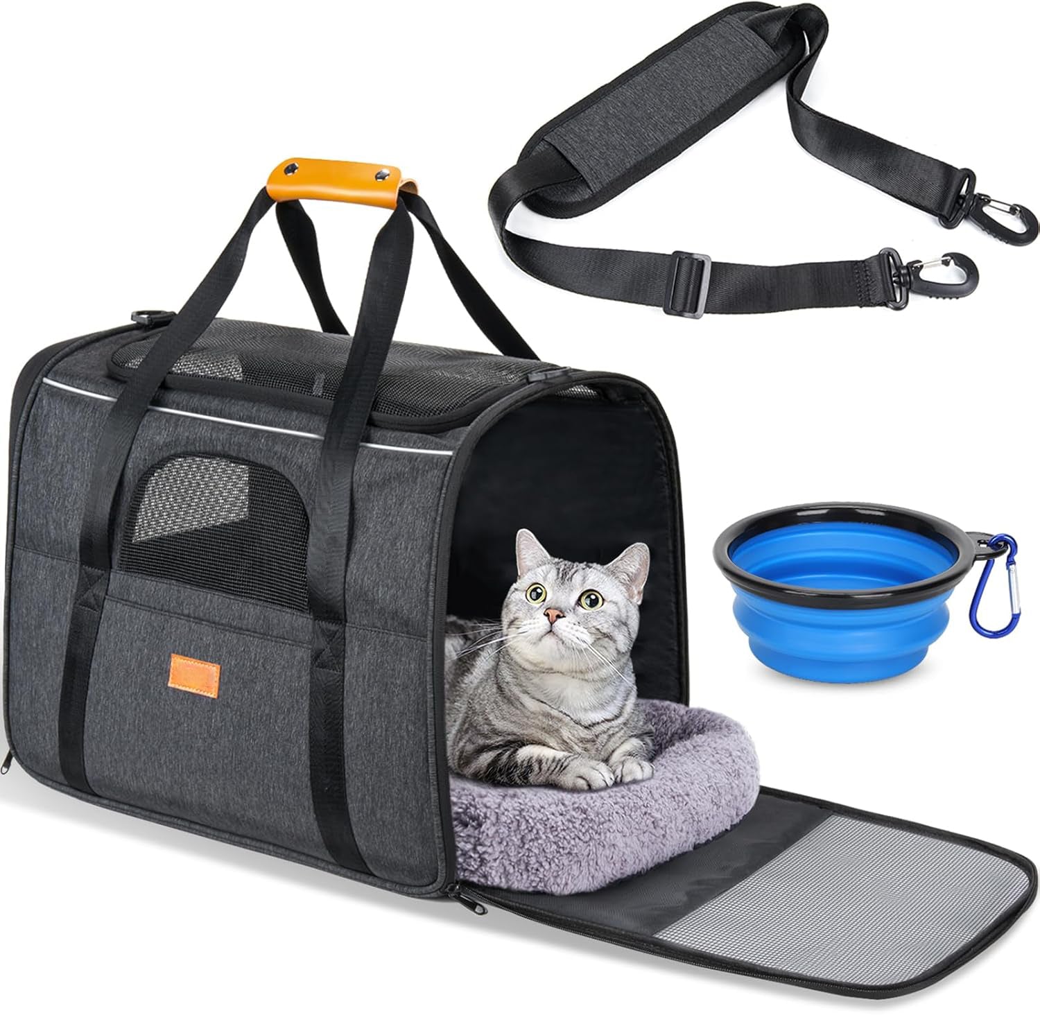 Geanta pentru transport animale mici, NextWave®, panza, 45x35x33 cm, Baza rezistenta cu covoras, Usor de transportat, Plasa respirabila, Gri inchis