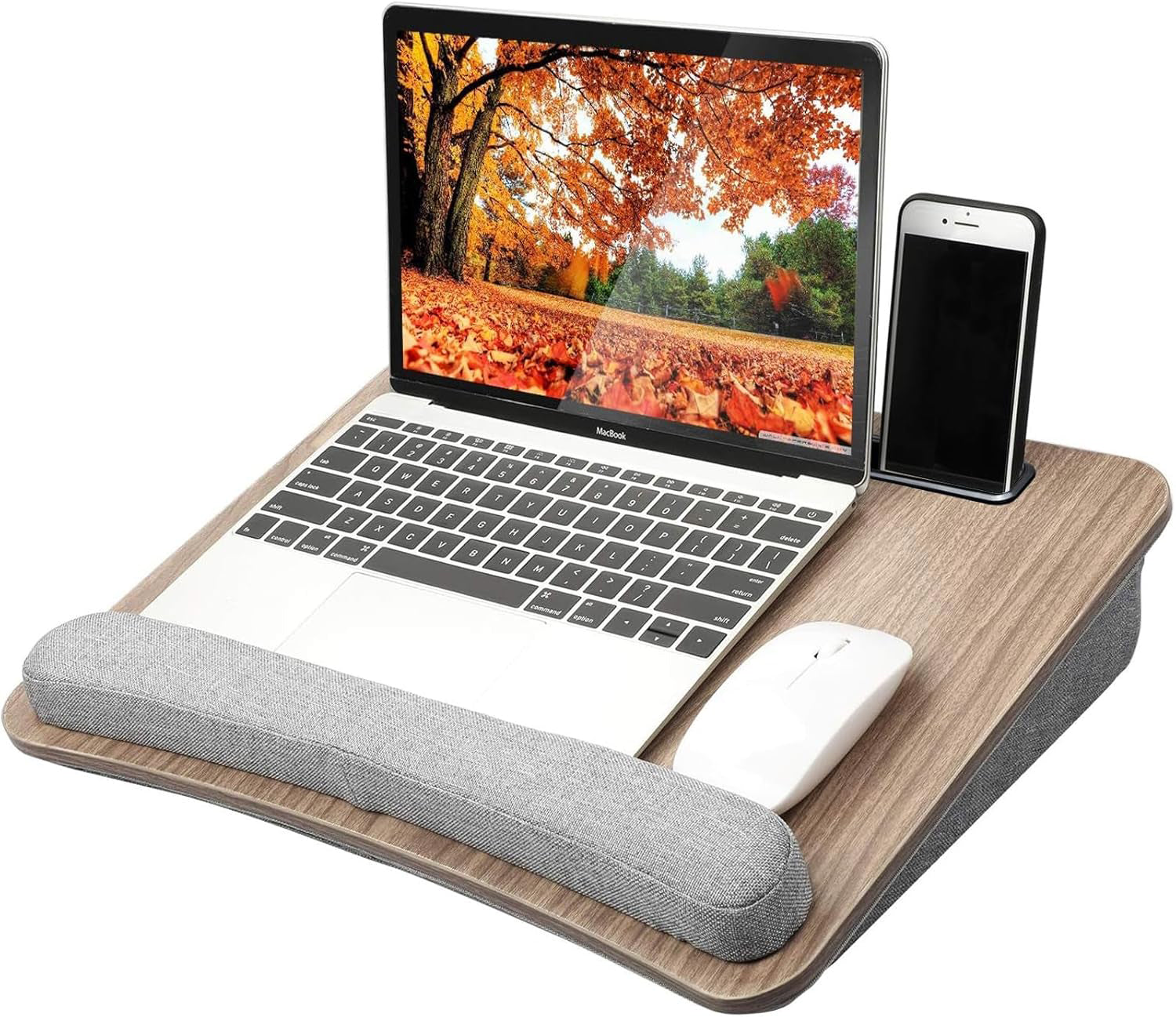 Masa Portabila NextWave® pentru Laptop cu Perna Ergonomica, Suport Telefon, Spatiu pentru Mouse, Suprafata Antiderapanta, Design Compact si Confortabil pentru Acasa, Birou sau Calatorii, Compatibila pana la 17,3”