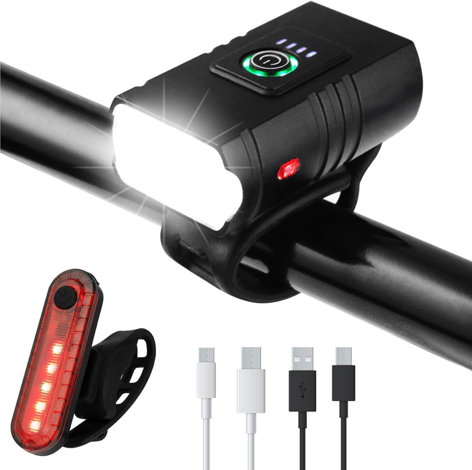 Set Lumini Bicicleta, Trotineta Fata Spate BeGenius®, Far si Stop Reincarcabil USB, Far 1000 lumeni cu 6 Moduri si Stop cu 4 Moduri de Functionare, Vizibil pe Timp de Noapte si Zi, Montaj Simplu si Rapid, Rezistent la Apa IP65, Negru