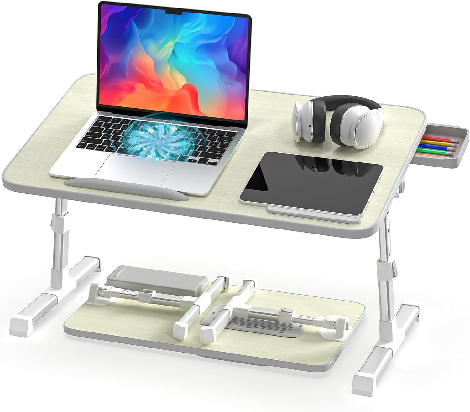 Masa laptop pliabila si reglabila NextWave® – stand multifunctional portabil pentru pat, canapea si birou, 60x40 cm, cu suport pentru tableta si telefon, utilizare ca masa mic dejun, birou de studiu sau suport de scris, design ergonomic si usor de depozit