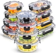 Set 12 Caserole Alimentare din sticla NextWave, Capace Etanse, Depozitare Frigider si Congelator, Potrivite pentru Microunde, Fara BPA, Inchidere cu 4 Clipsuri, Usor de Curatat, Transparent