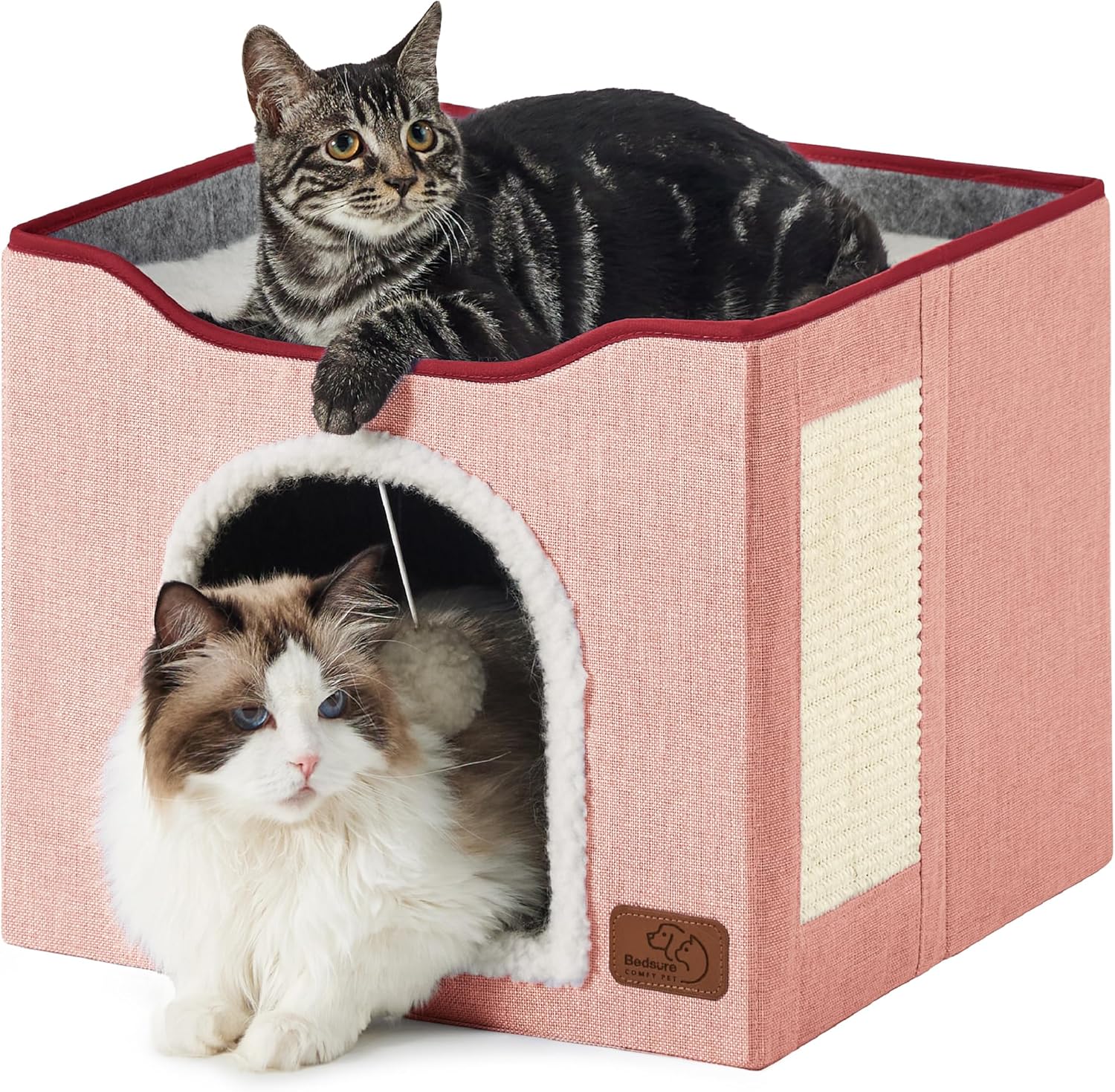 Casa pentru pisici NextWave® cu doua zone, bila pufoasa si zona de zgariat, Pliabila, Moale si pufoasa, Respirabila, Usoara, Marime 42x42x33 cm