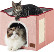 Casa pentru pisici NextWave® cu doua zone, bila pufoasa si zona de zgariat, Pliabila, Moale si pufoasa, Respirabila, Usoara, Marime 42x42x33 cm
