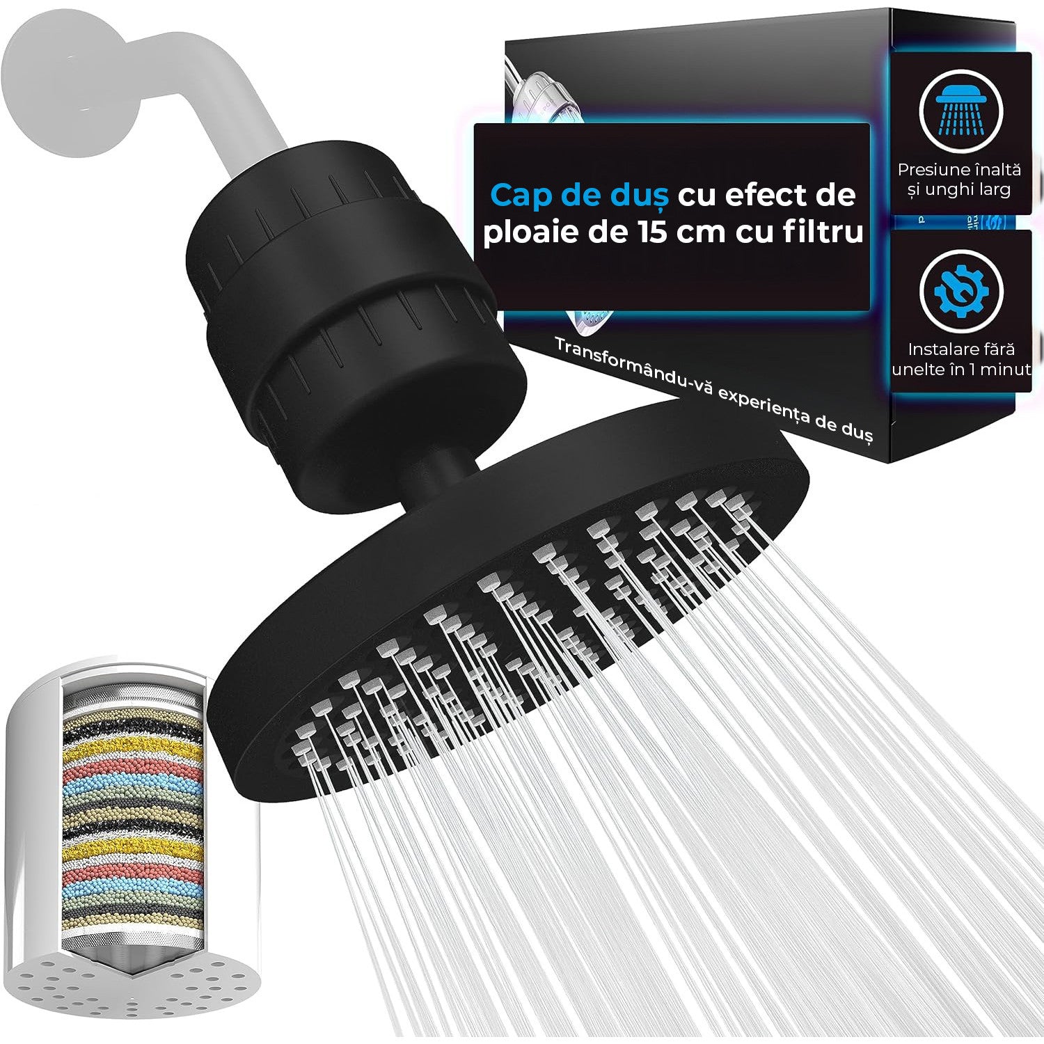 Filtru de apa premium NextWave® pentru para de dus cu 23 stagii de filtrare, usor de instalat, infuzie de minerale si Vitamina C, elimina Clorul, metalele grele, impuritatile si mirosurile neplacute, purificator apa de baie, Negru