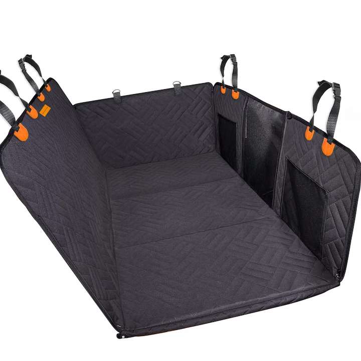 Husa scaune auto protectie si transport animale extinsa NextWave®️, insertie 3 placi pentru caini, pisici de toate taliile, rezistenta pana la 140 kg, ofera protectie bancheta spate autoturism, pat animale, Universala, Negru