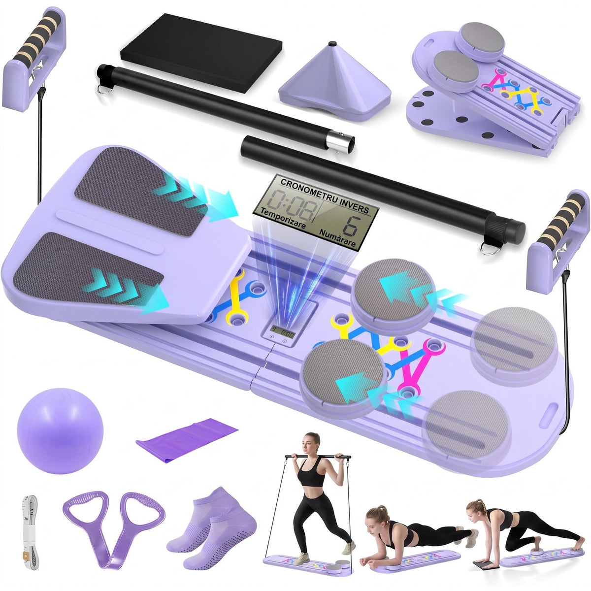 Placa Pilates multifunctionala NextWave®️, set reformer 6 in 1 pliabil pentru abdomen si sculptarea corpului, cu temporizator, contor inteligent, benzi de rezistenta si manere flotari, din polipropilena, maxim 150 kg, pentru acasa, Violet