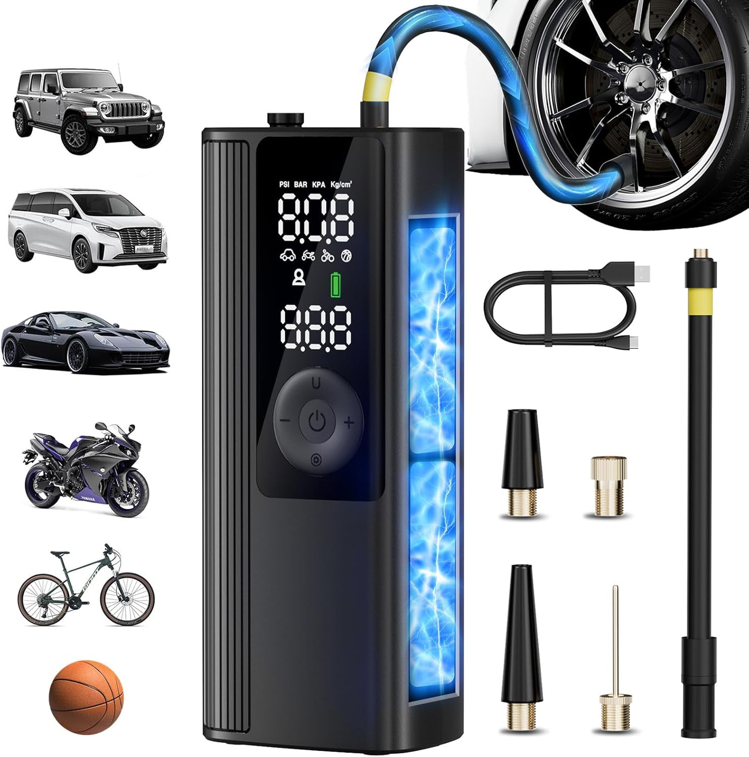 Compresor auto portabil NextWave® digital, 150 PSI, 30 L/min, acumulator reincarcabil, ecran LCD, oprire automata, lanterna LED, pentru anvelope auto, moto, biciclete si mingi, Negru
