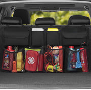 Organizator portbagaj auto suspendat NextWave®️, material Oxford 600D impermeabil, 8 buzunare incapatoare, benzi Velcro pentru fixare, cusaturi intarite, catarama rezistenta, dimensiuni 90×46 cm