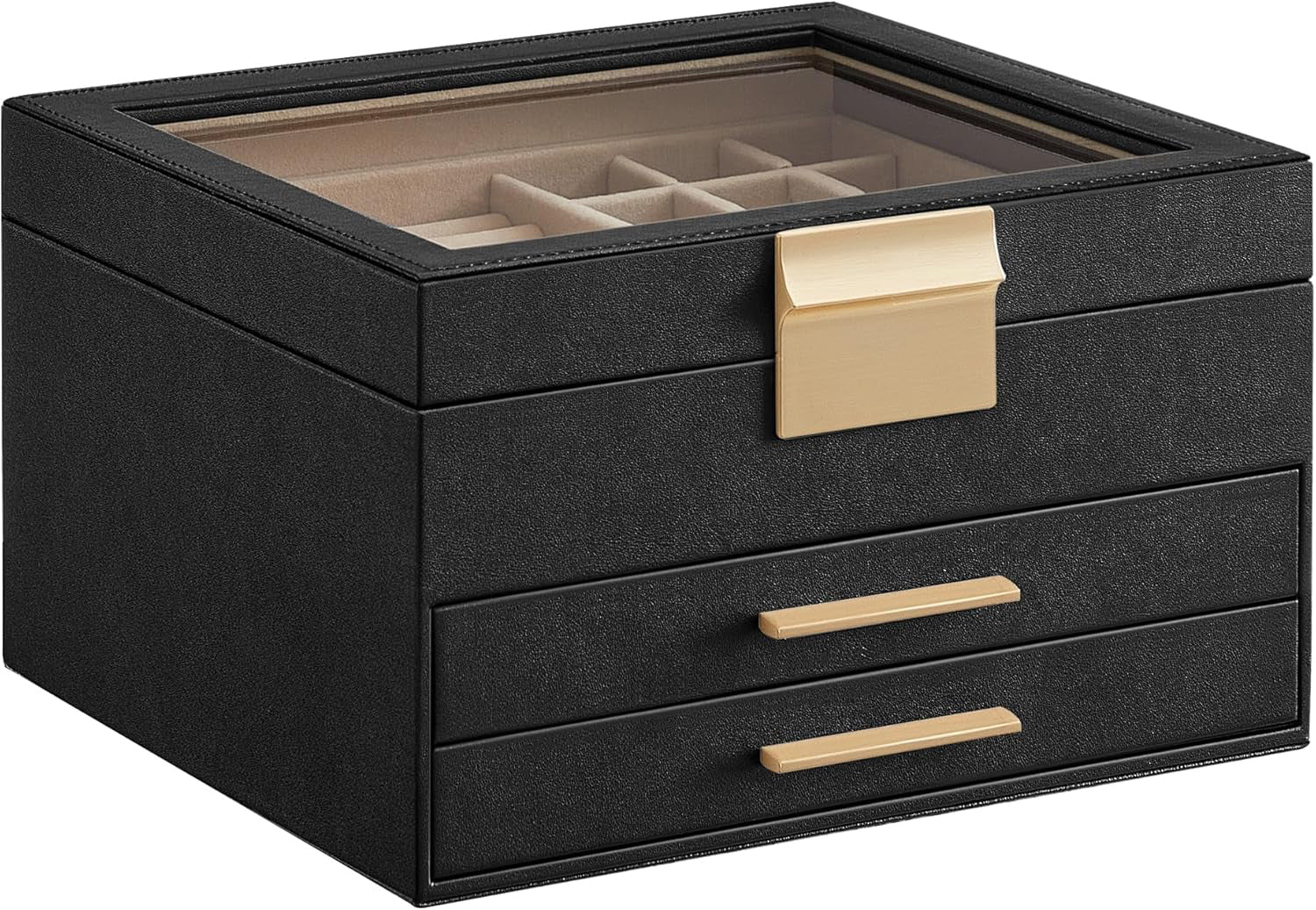 NextWave® Cutie de bijuterii pe 3 niveluri cu 2 sertare – caseta eleganta din piele ecologica neagra cu interior catifelat, spatii dedicate pentru inele, verighete, cercei, bratari si lanturi, design rafinat si compact, ideala pentru organizare, Negru