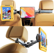 Suport auto tetiera NextWave®️, reglabil pe 3 axe pentru tablete si telefoane 4,7–11 inch, sistem metalic pliabil cu prindere solida, rotatie 360°, compatibil universal, negru