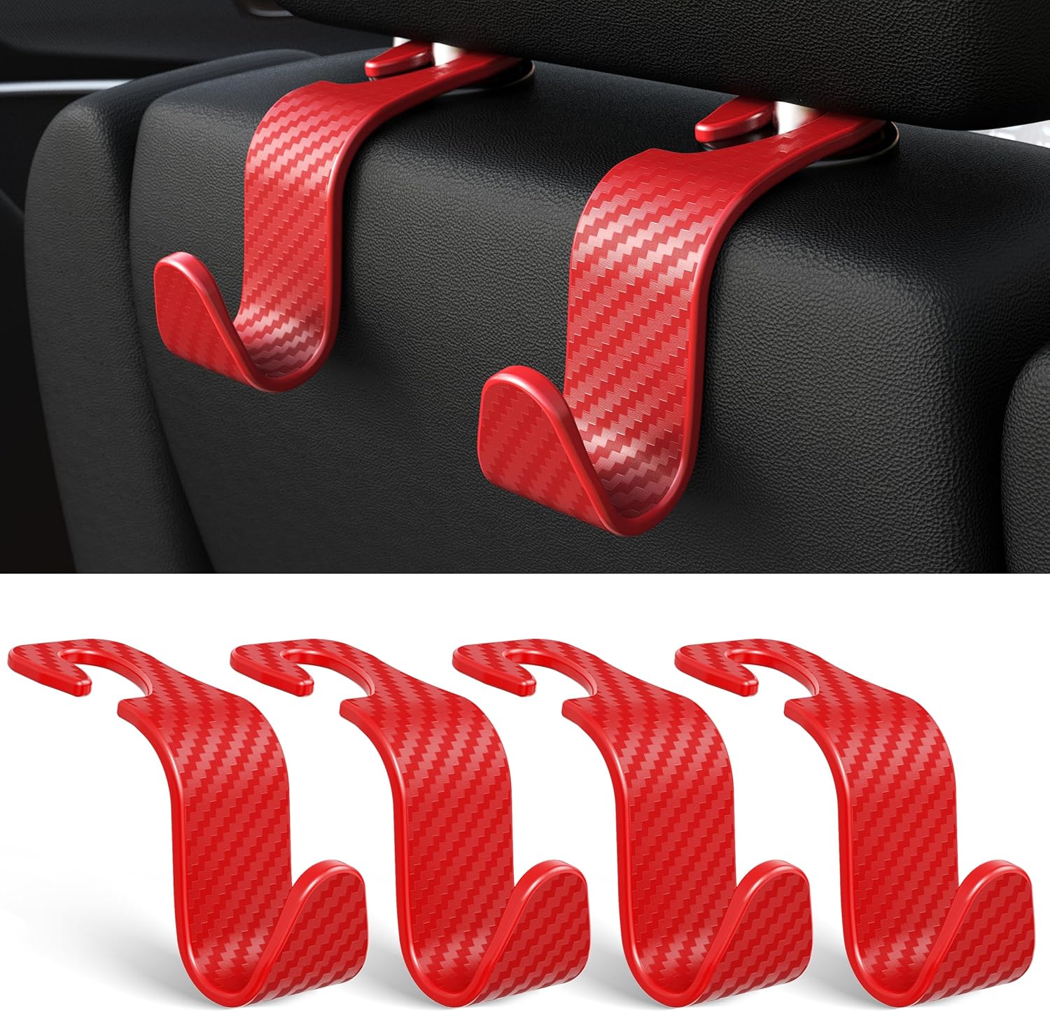 Set 4 Carlige Auto pentru Tetiera NextWave®, Organizator Universal Scaun Masina, Suport pentru Genti, Plase, Posete, Haine si Rucsac, Rotire 360°, Montaj Rapid fara Unelte, Compatibil Auto/SUV, Model Carouri