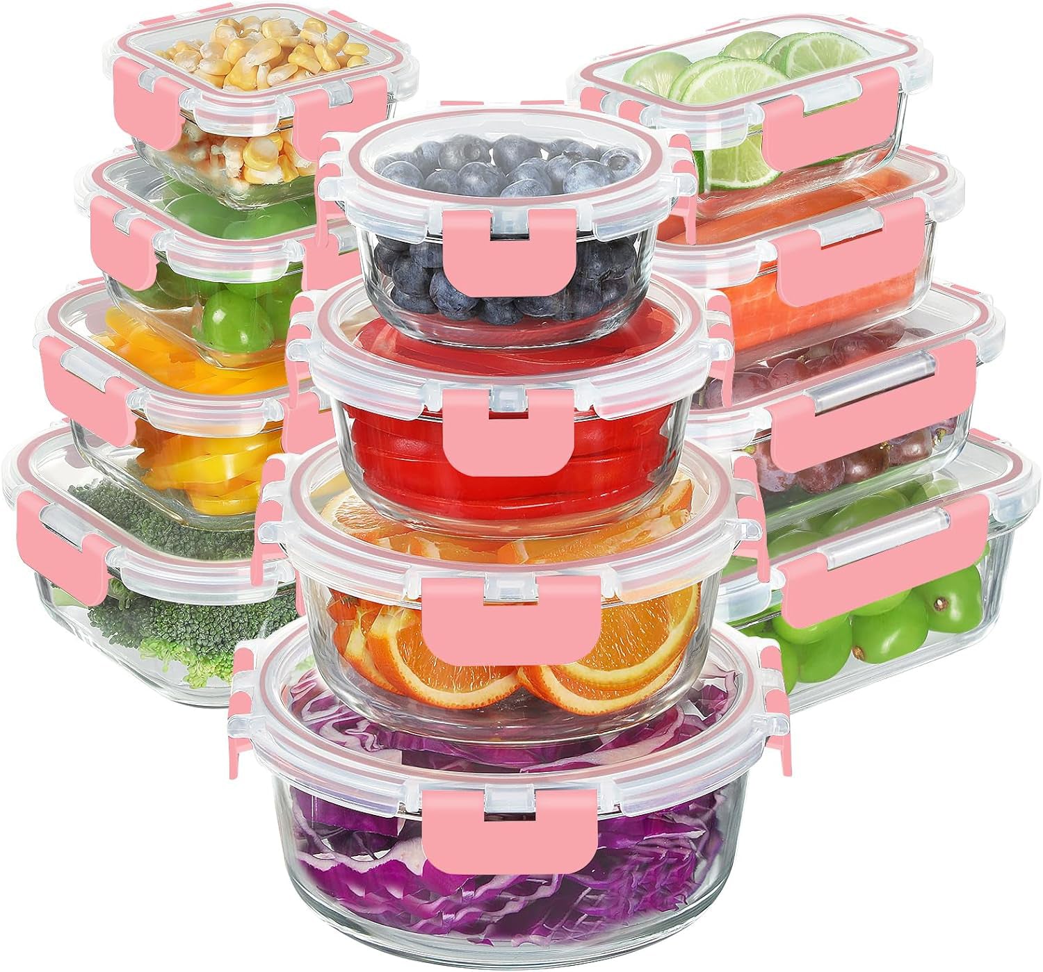 Set 12 Caserole Alimentare din sticla NextWave®️ Capace Etanse, Depozitare Frigider si Congelator, Potrivite pentru Microunde, Fara BPA, Organizare Bucatarie, Inchidere cu 4 Clipsuri, Usor de Curatat, Transparent, Roz