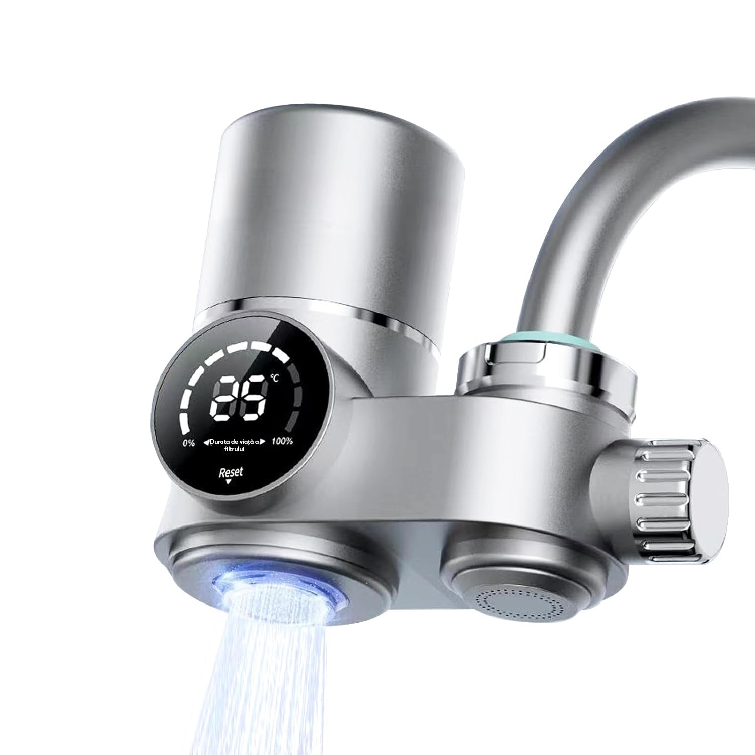 Filtru de apa pentru robinet NextWave®, cu display LED si cartus din carbon activ, reduce clorul, plumbul si metalele grele, imbunatateste gustul apei, instalare rapida, compatibil cu robineti standard 19, 5–23, 5 mm, Gri Mat