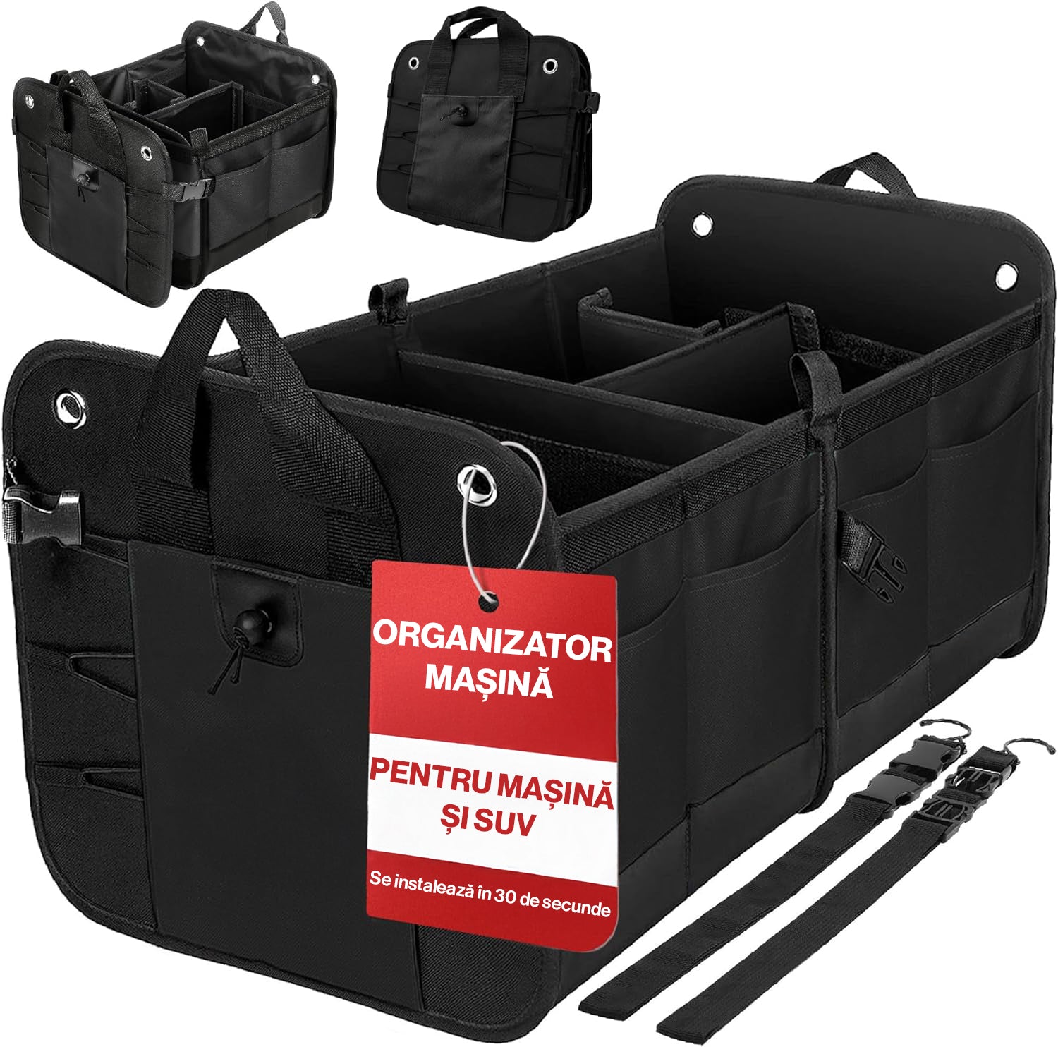 Organizator portbagaj auto pliabil NextWave®️ L, compartimentare personalizabila cu subdivizor detasabil, 2 buzunare mari fata si spate, 8 buzunare laterale, baza rigida, material Oxford rezistent la apa, dimensiuni 60×37 cm
