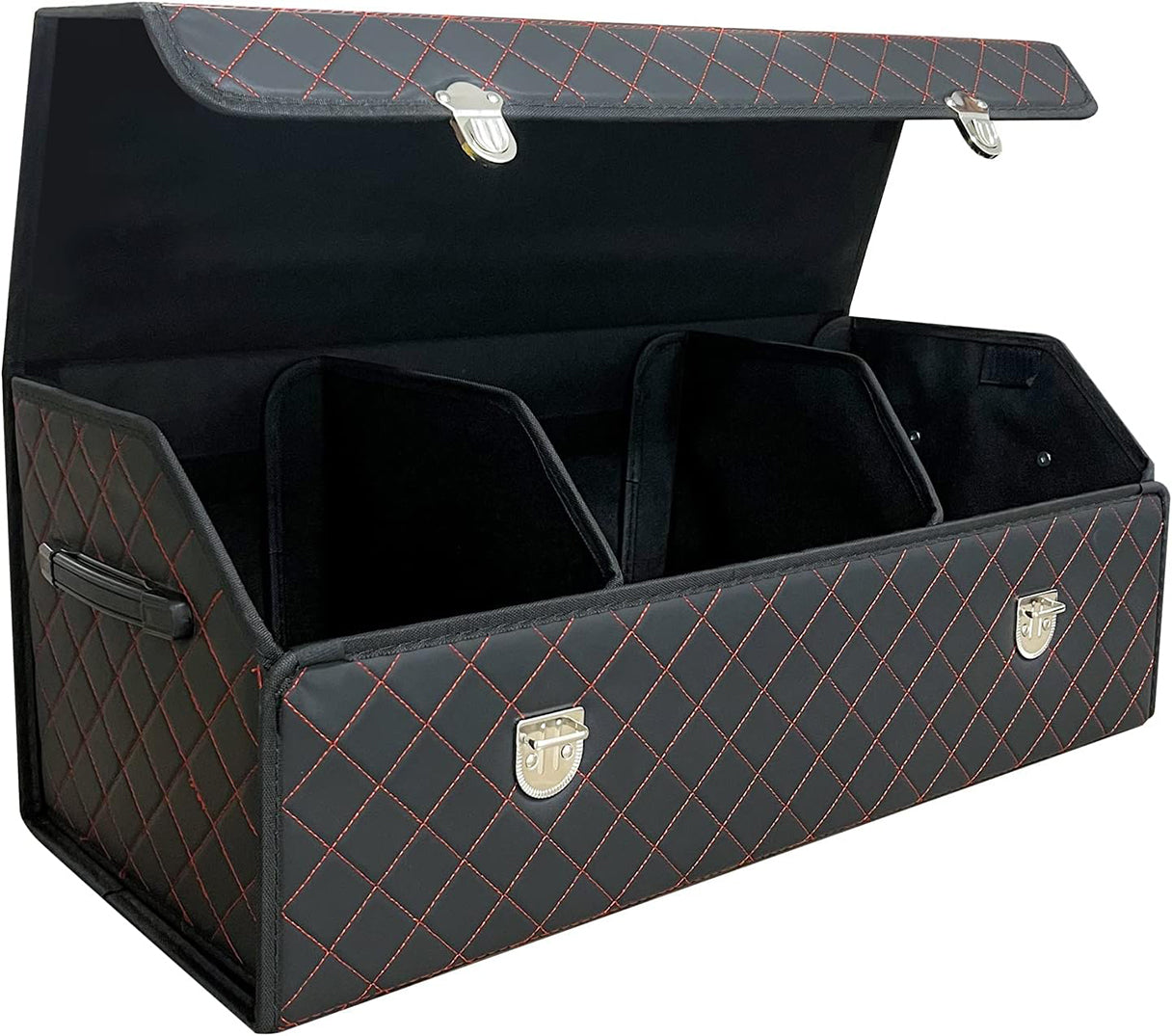 Organizator portbagaj auto Premium NextWave®️, Multifunctional, Pliabil, Rezistent, Manere Laterale, Prindere cu catarame, 3 compartimente mari, 75x31x30 cm, Rosu Negru