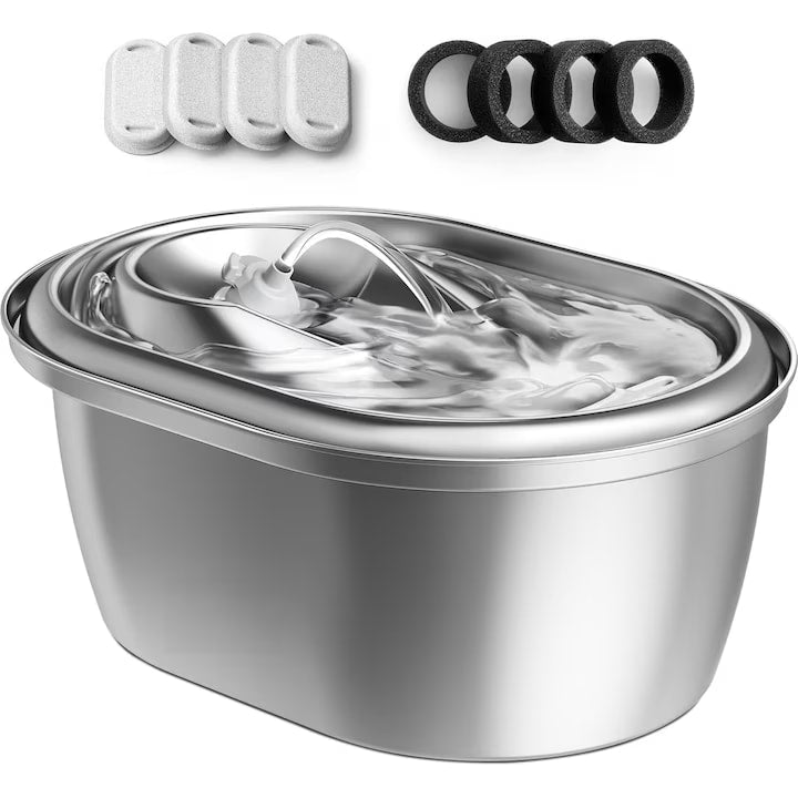 Dispenser apa automat tip fantana NextWave® pentru pisici si caini, cu fereastra mare pentru nivelul apei, purificare si filtrare prin carbune activ, otel inoxidabil 304, ultra-silentiosa, USB C, adaptor priza, model rotund, capacitate 2L, Argintiu