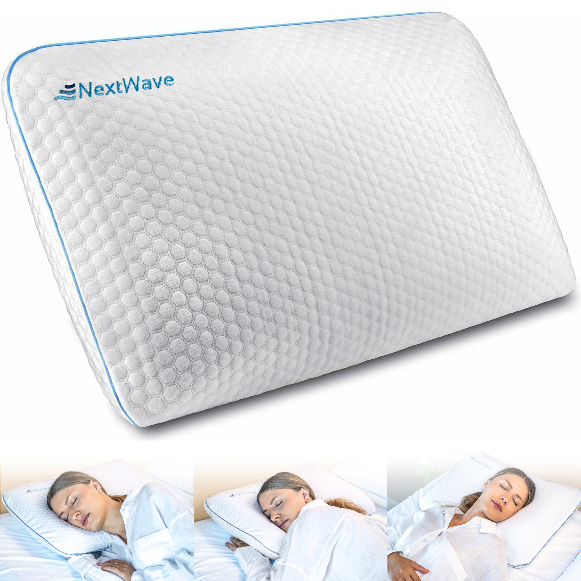 Perna ortopedica pentru dormit NextWave, Spuma cu Memorie cu gel ventilata, Husa detasabila cu 2 zone termice, ergonomica pentru Gat si Suport Cervical, Ideala pentru dormitul lateral, spate sau stomac, foarte moale