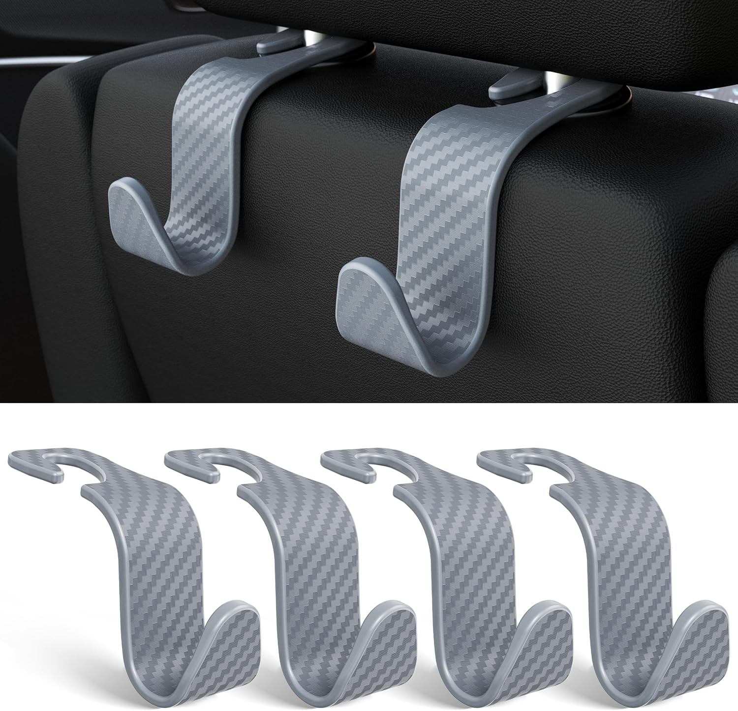 Set 4 Carlige Auto pentru Tetiera NextWave®, Organizator Universal Scaun Masina, Suport pentru Genti, Plase, Posete, Haine si Rucsac, Rotire 360°, Montaj Rapid fara Unelte, Compatibil Auto/SUV, Model Carouri