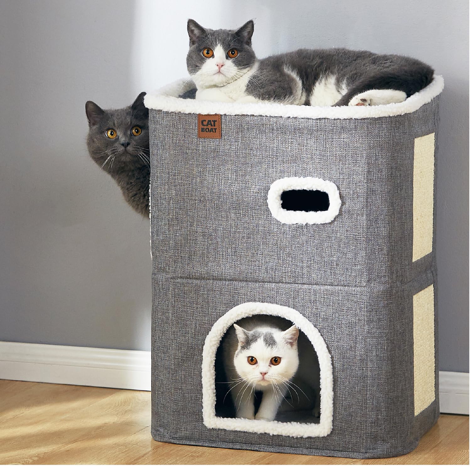 Casa Pisici NextWave®, Casuta Pliabila Tip Pestera, Pat Interior cu Platforma Superioara, Ansamblu de Zgariat Sisal, Minge Pufoasa, Perne Reversibile Detasabile, MDF Stabil, pentru Pisici si Animale Mici, 40 x 40 x 32 cm, Gri