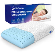 Perna ortopedica din spuma cu memorie cu gel BeGenius, Husa detasabila cu 2 zone termice, ergonomica ventilata pentru Gat si Suport Cervical, Ideala pentru dormitul lateral, spate sau stomac, 60x40x12 cm, fermitate ferma