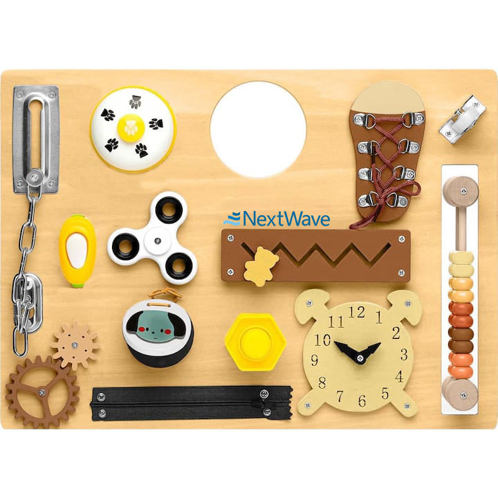 Placa senzoriala NextWave®, tabla de activitati Montessori din lemn cu 14 activitati educationale pentru invatarea abilitatilor motorii fine, jucarie de calatorie pentru copii pentru fete si baieti