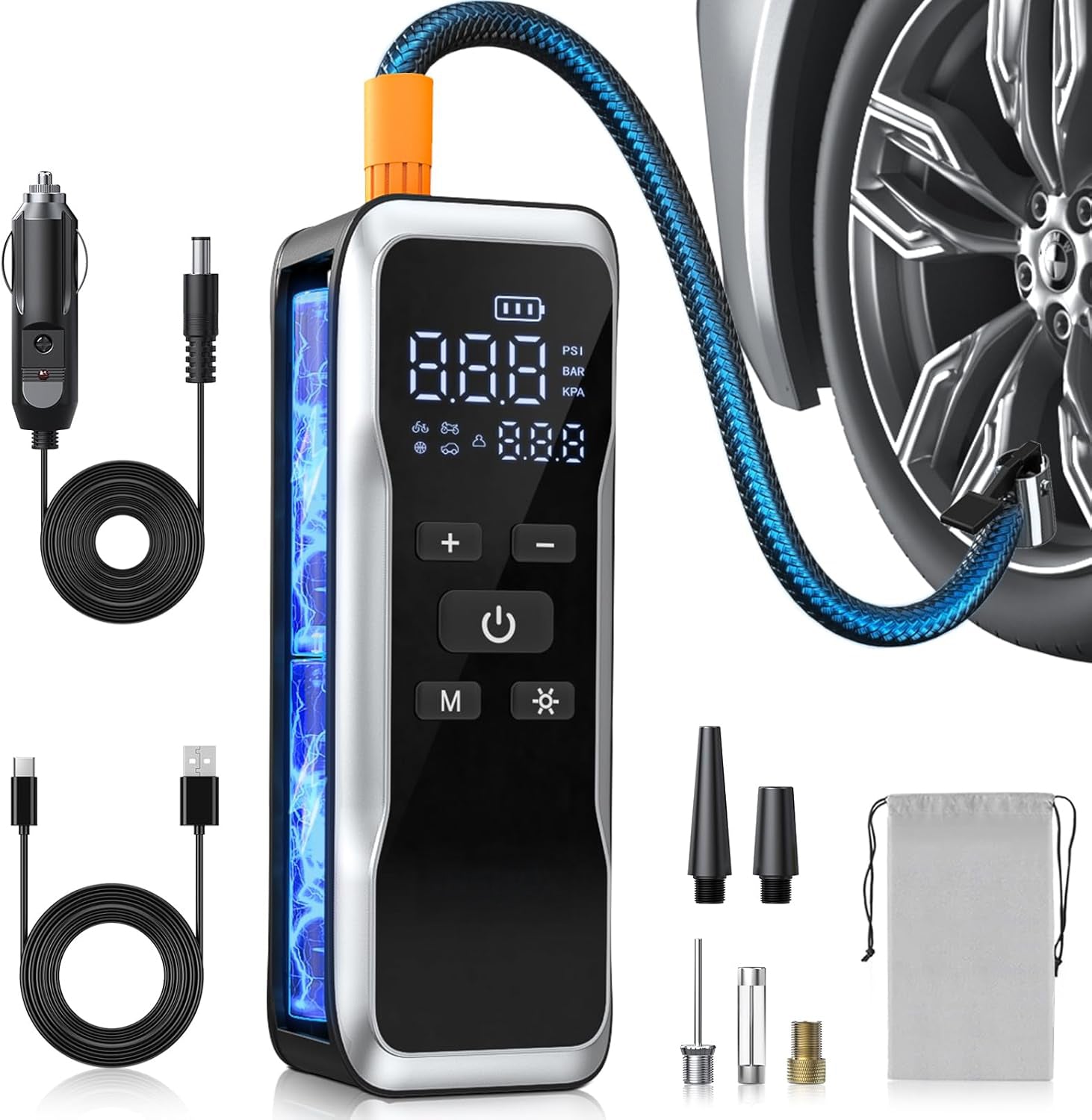 Compresor auto portabil digital NextWave®, debit 34 L/min, presiune 150 PSI, alimentare 12V DC si acumulator reincarcabil, oprire automata, ecran LCD, Power Bank si lumina LED SOS – pentru anvelope auto, motociclete, biciclete si mingi, Negru Metalic