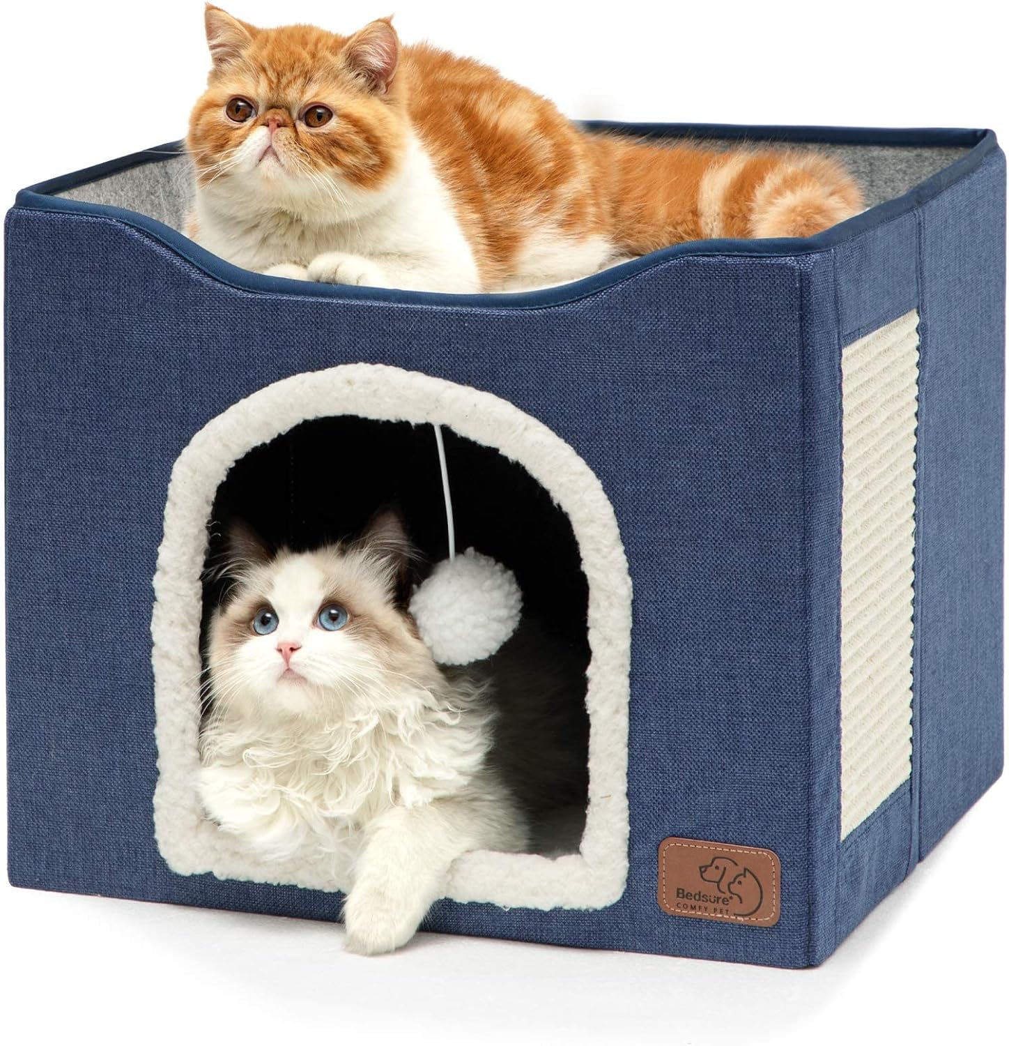 Casa pentru pisici NextWave® cu doua zone, bila pufoasa si zona de zgariat, Pliabila, Moale si pufoasa, Respirabila, Usoara, Marime 42x42x33 cm
