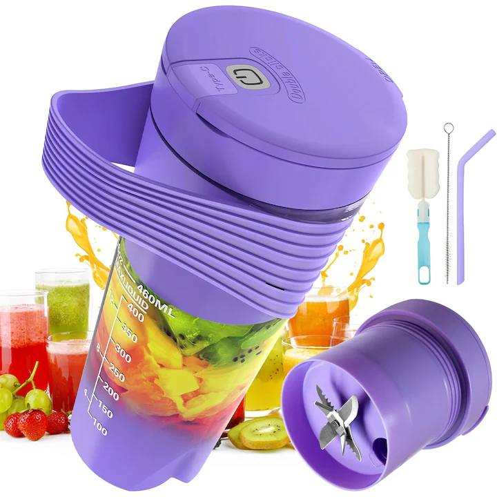 Mini Blender Electric NextWave™, Portabil, Multifunctional, Auto-curatare, Autonomie Mare, Baterie reincarcabila 4000mAh, Smoothie, legume si fructe, Milk shake, Fresh, 460 ml, 6 Lame 3D, mov