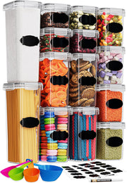 Set 14 recipiente depozitare alimente NextWave® – plastic alimentar transparent fara BPA, capace negre etanse, utilizabile in cuptor microunde, congelator si masina de spalat vase, 4 dimensiuni mixte (0.8L, 1.4L, 2L, 2.8L), cu etichete si marker inclus